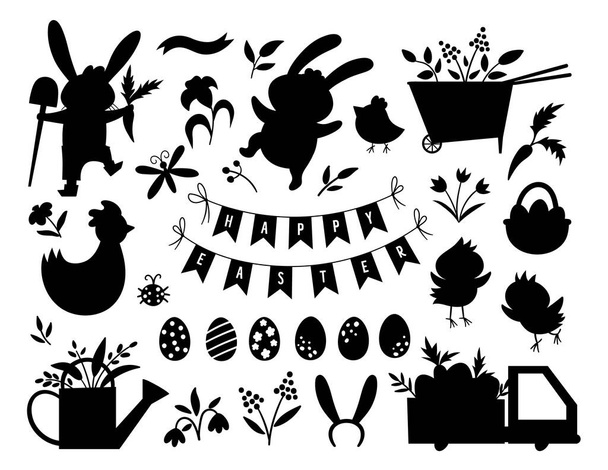 ベクトルイースターシルエットセット。かわいいウサギ、卵、鳥、雛、バスケット黒の影を持つベクトルパック。春の面白いイラスト。愛らしい休日のアイコンのコレクション - ベクター画像