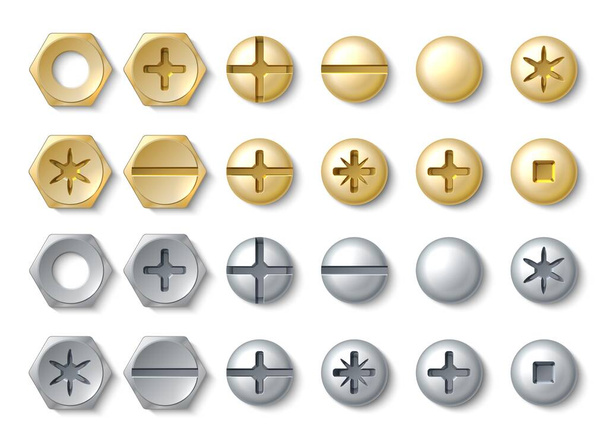 Bolt and screw. Realistic rivets and stainless self-tapping nail heads. Galvanized silver or bronze hardware. Assortment of round or hexagon ironware. Vector building equipment set - Vector, Image