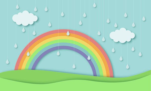Green nature landscape scenery with mountain, rainbow, raindrops and clouds in paper cut style. Digital craft 3d paper art background. Rainy season and spring concept. Vector illustration. - Vektör, Görsel