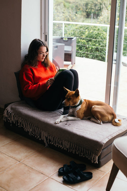 Young woman and cute basenji dog on sofa at home - Foto, imagen