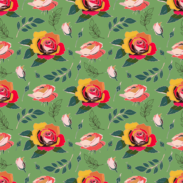 Abstract roses seamless pattern isolated on green background. Pastel colour design. - ベクター画像