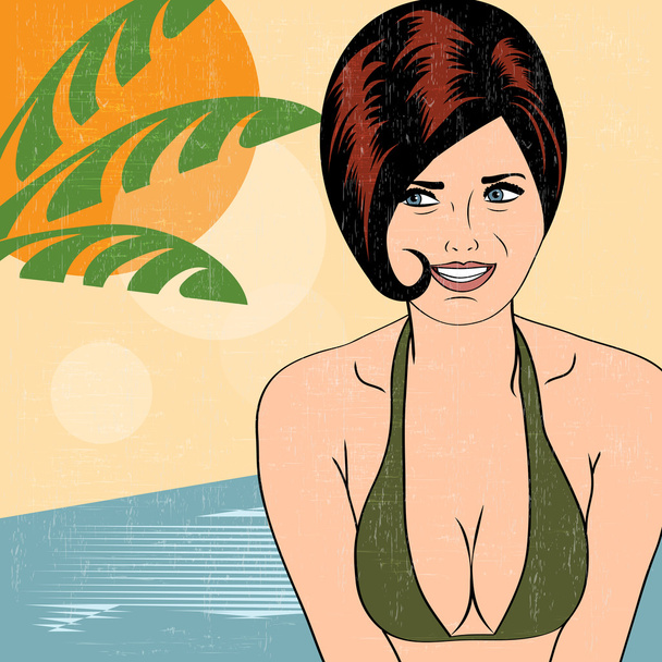 bir plajda seksi pop art kız - Vektör, Görsel