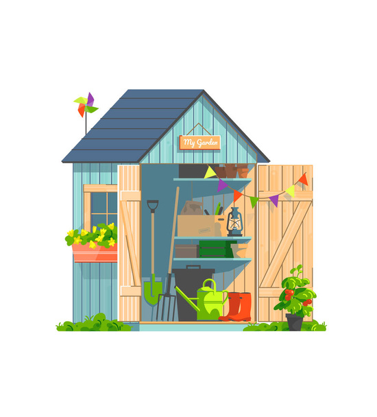 Garden shed with household tools isolated on white background. Watering-can, shovel, pitchfork, pots and plants for gardening and landscaping. Vector illustration - Vector, Image