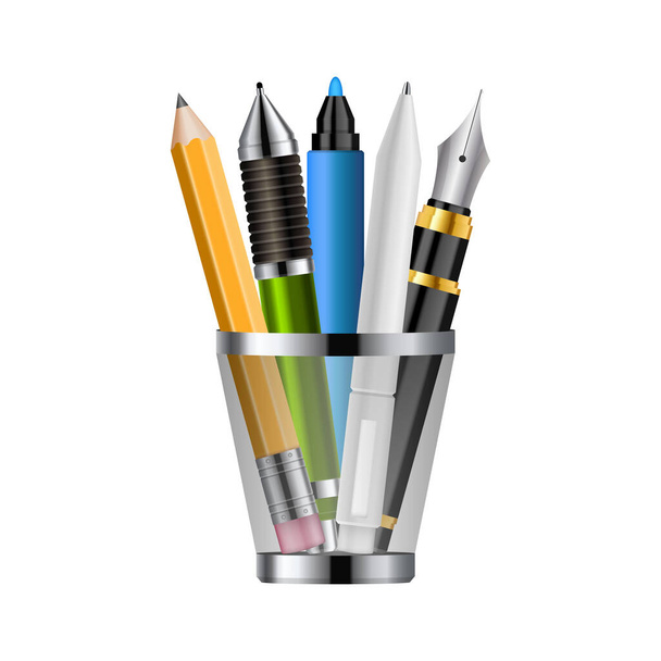 Reális tollak és ceruzák műanyag üvegben - Vektor, kép