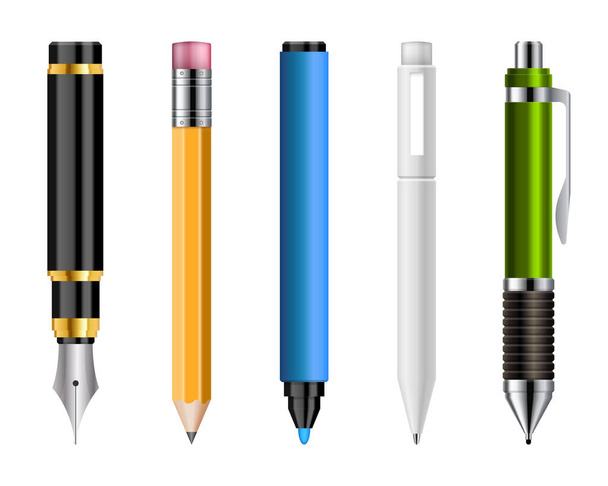 Set of realistic pens and pencils vector illustration isolated on white - Vetor, Imagem