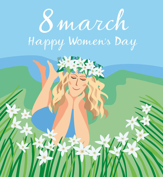 Postcard March 8. Happy womens day. Contented girl in a field among spring flowers. Vector graphics - ベクター画像