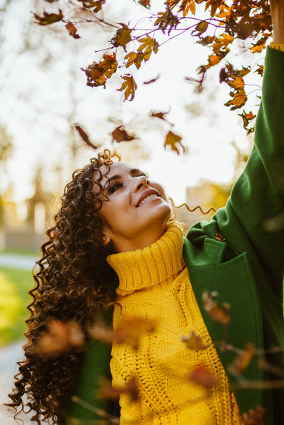 A bright sunny day in the autumn park beautiful brunette with a gorgeous smile octating beautiful teeth stretches hand behind a branch of maple. Dressed in a bright yellow sweater and green coat - Foto, afbeelding