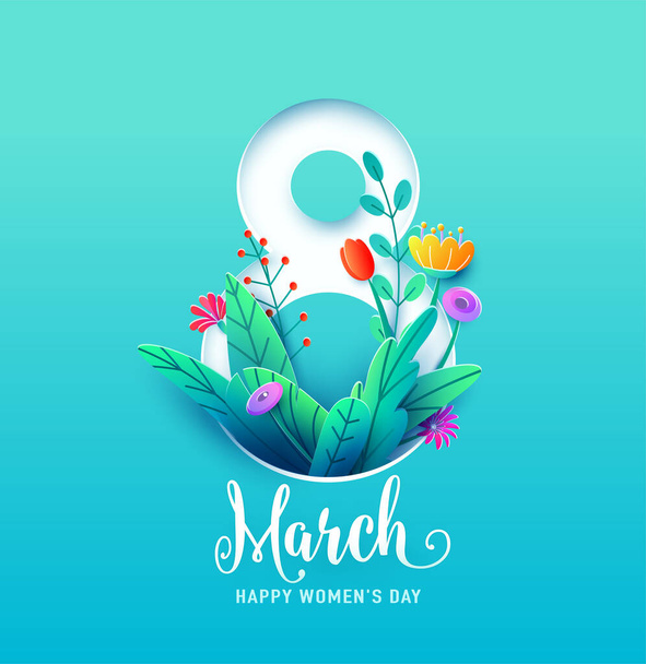 8. März, Happy Women Day Grußkarte Vektor Illustration in 3D-Papierschnitt-Stil. Nummer acht mit Frühlingsblumen und Blättern auf blauem Hintergrund - Vektor, Bild