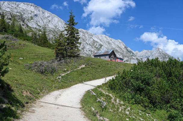 Cesta vedoucí alpskou chatou v horách poblíž hory Jenner v Koenigssee za slunečného dne - Fotografie, Obrázek