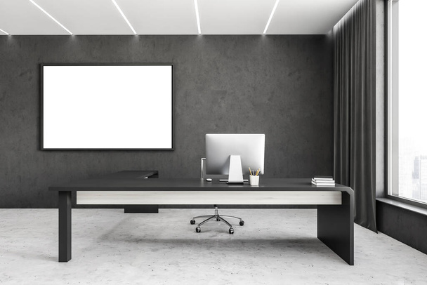 Leinwandattrappe in weißem und schwarzem Business-Büro mit minimalistischem Mobiliar. Tisch mit Lampe und Computer in Fensternähe, 3D-Rendering ohne Menschen - Foto, Bild