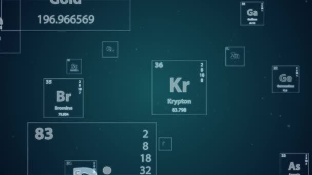 Science BG представляет собой графический клип, в котором представлены различные коробки с символами химических элементов, приближающихся к телезрителю. Каждый квадрат также содержит атомный номер и другие химические свойства. - Кадры, видео
