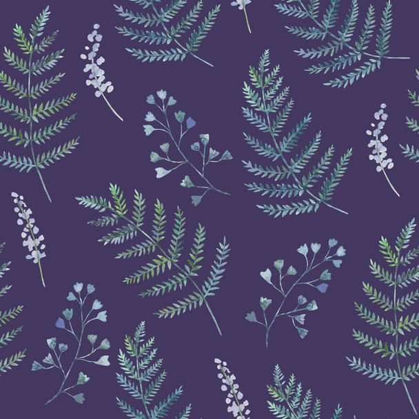 Cute seamless pattern with watercolor painted ferns. Background inspired of forest nature. - Foto, Imagem