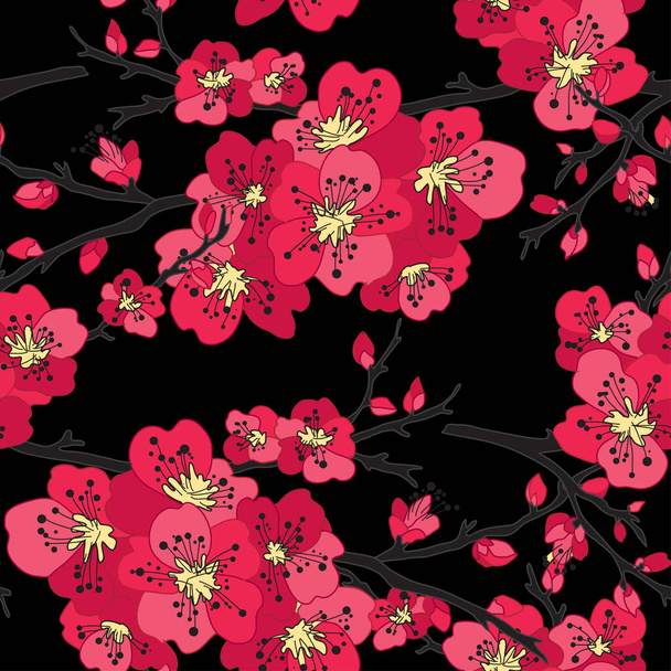 Elegant seamless pattern with sakura cherry blossom flowers, design elements. Floral  pattern for invitations, cards, print, gift wrap, manufacturing, textile, fabric, wallpapers - Vector, Image