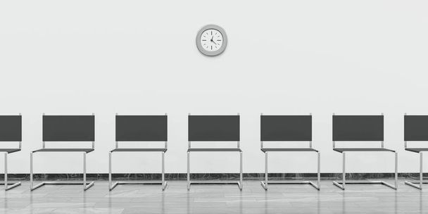 黒い椅子と時計の3Dレンダリングのイラストが書かれた空の待合室 - 写真・画像