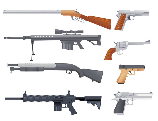 Set di armi da fuoco militari o della polizia pistola pistola fucile da cecchino fucile e fucile da caccia vettoriale illustrazione su sfondo bianco. - Vettoriali, immagini