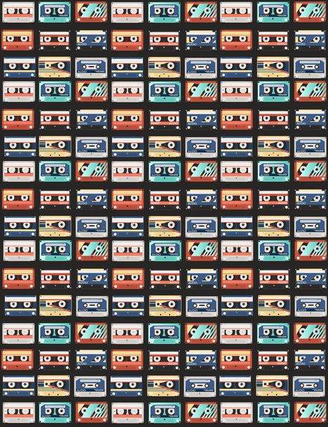 Nahtloses Muster von Retro-Audiokassetten mit verschiedenen bunten Mustern Vektor-Illustration auf dunklem Hintergrund. - Vektor, Bild