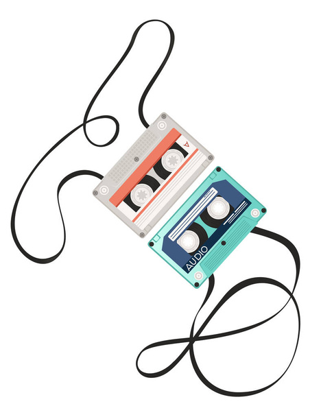 Retro audio cassette tape with tangled retro pattern vector illustration on white background. - Vector, Image