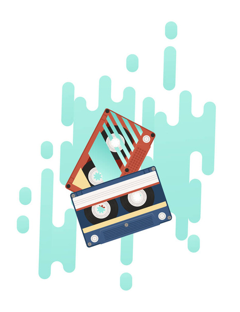 Cassette audio rétro avec illustration vectorielle motif rétro avec fond turquoise abstrait. - Vecteur, image