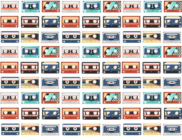 Modello senza soluzione di continuità di cassette audio retrò con diversi modelli colorati illustrazione vettoriale su sfondo bianco - Vettoriali, immagini