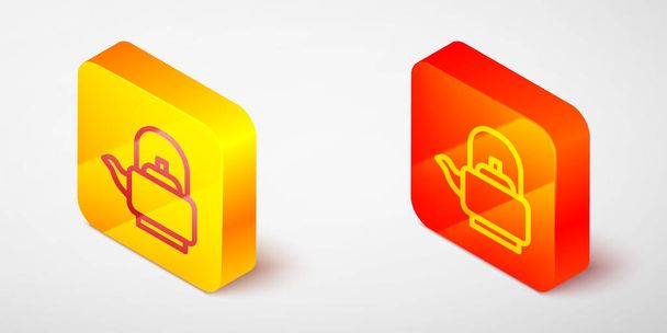 Izometrikus vonal Kettle fogantyú ikon elszigetelt szürke háttér. Teáskanna ikon. Sárga és narancssárga négyzet gomb. Vektor - Vektor, kép