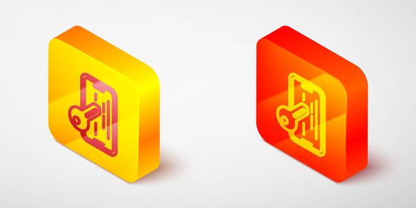 Isometric line Glass screen protector for smartphone icon isolated on grey background. Protective film for glass. Transparent soft glass for mobile phone. Yellow and orange square button. Vector - Vector, Image