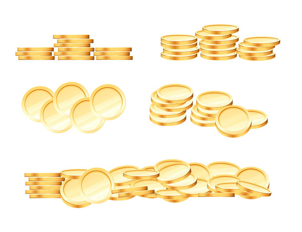 Conjunto de diferentes monedas pila pila de oro vector monetario ilustración sobre fondo blanco. - Vector, imagen