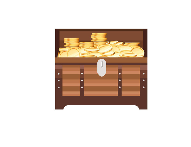 Деревянный открытый сундук с золотыми монетами пиратские сокровища коробка игры активов векторной иллюстрации на белом фоне - Вектор,изображение