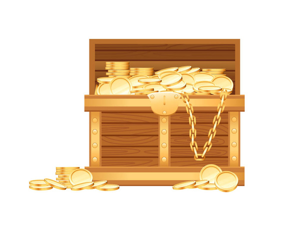 Drewniana otwarta skrzynia ze złotymi monetami i łańcuchami pirat skarb box gry wektor ilustracji na białym tle. - Wektor, obraz