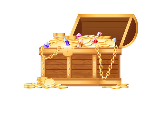 Деревянный открытый сундук с золотыми монетами и драгоценными камнями пиратских сокровищ коробка игры активов векторной иллюстрации на белом фоне. - Вектор,изображение