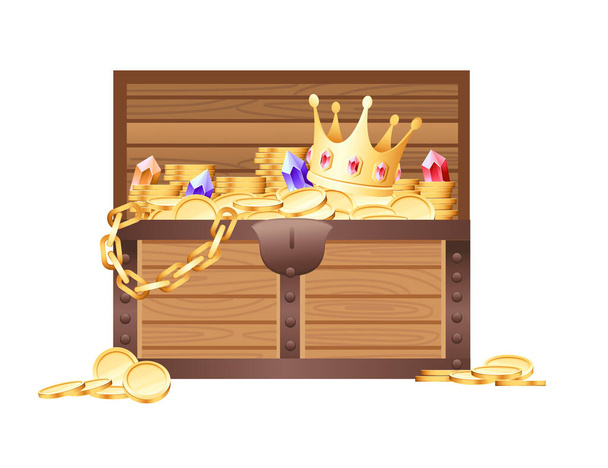 Wooden open chest with golden coins and gems with crown pirate treasure box game asset vector illustration on white background. - Vector, Image