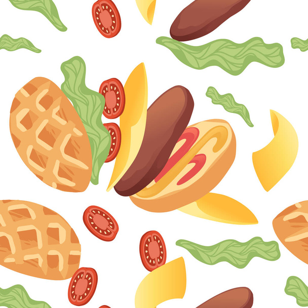Seamless pattern of hamburger cooking assemble ingredients fast food vector illustration on white background. - Vector, Imagen