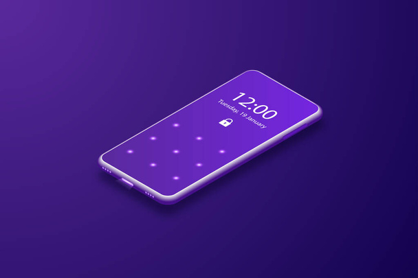 smartphone with security lock screen. mobile phone isolated on purple background. vector illustration. - Vektor, kép