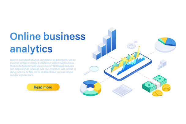 Online business analysis strategy isometric vector illustration. Data analytics for company marketing solutions or financial performance. Budget accounting or statistics concept. - Vector, Image