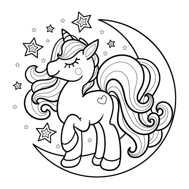 Cartoon unicorn on the moon. Black and white image for coloring. Vector image. - Vector, Imagen