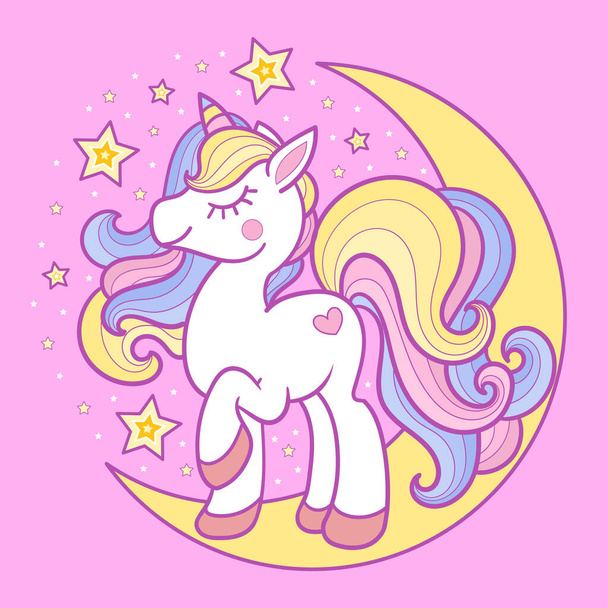 Cute unicorn on the crescent. Childrens vector image. - Vector, afbeelding