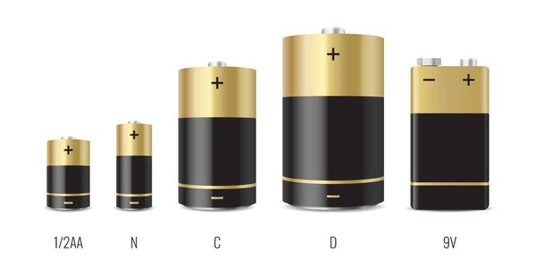Batterie alcaline stile realistico set di diverse dimensioni. Batteria primaria per fonti di energia personali - Vettoriali, immagini