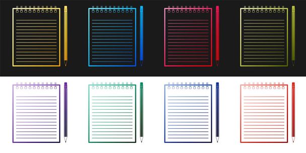 Defina notebook e lápis em branco com ícone de borracha isolado em fundo preto e branco. Vetor. - Vetor, Imagem