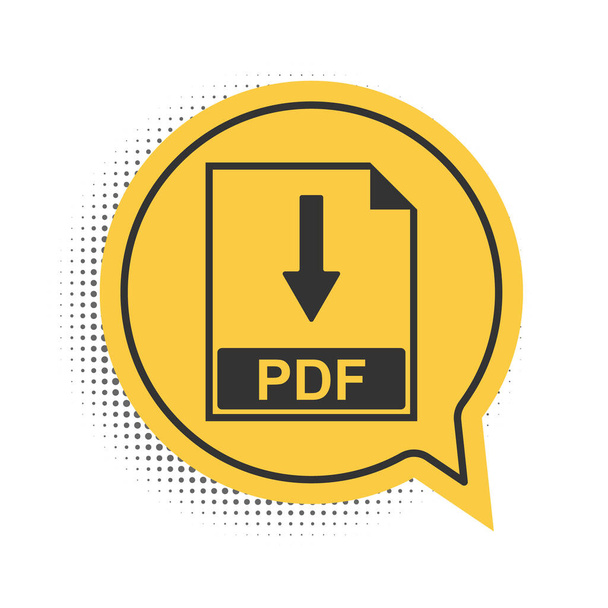 Černá ikona dokumentu PDF izolovaná na bílém pozadí. Stáhnout znak tlačítka PDF. Žlutý symbol bubliny řeči. Vektor. - Vektor, obrázek