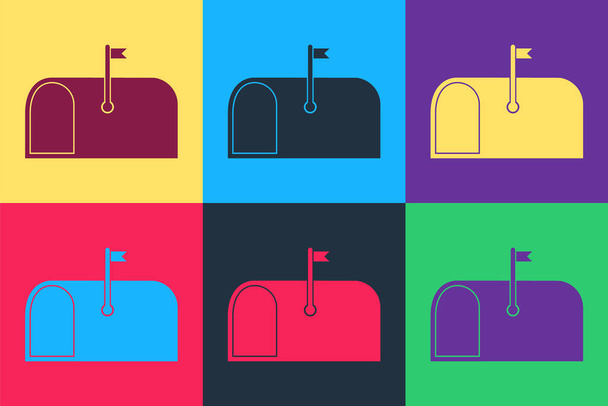 Pop art Mail box icon isolated on color background. Mailbox icon. Mail postbox on pole with flag.  Vector. - ベクター画像