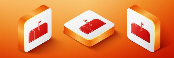 Isometric Mail box icon isolated on orange background. Mailbox icon. Mail postbox on pole with flag. Orange square button. Vector. - Vector, Image