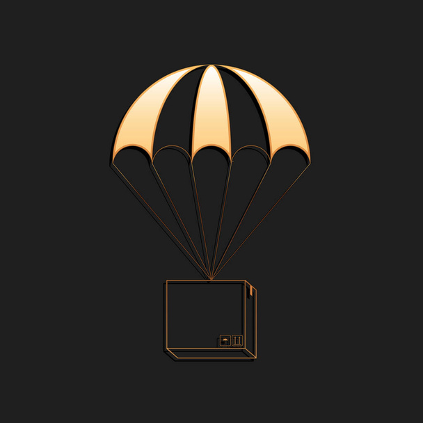 Caixa de ouro voando no ícone de paraquedas isolado no fundo preto. Pacote com paraquedas para envio. Serviço de entrega, conceito de transporte aéreo, bônus. Estilo de sombra longo. Vetor. - Vetor, Imagem