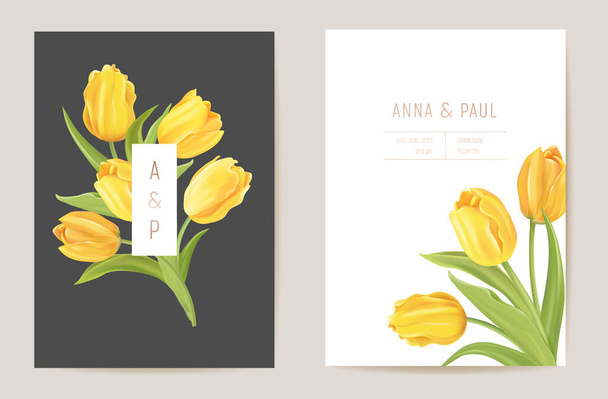 Wedding modern tulip flower Save the Date set. Vector minimal spring floral invitation card - Vector, Imagen