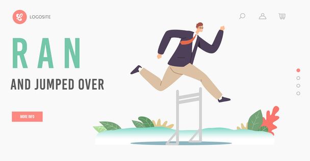 Hurdle Jump Landing Page Template. Successful Leader Business Man Character Running Race on Stadium Jumping over Barrier - Vector, Image