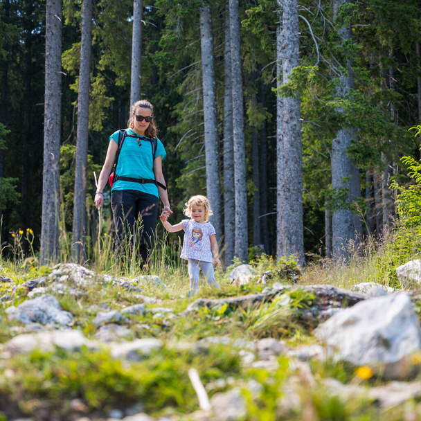 Anne ve kızı orman yolunda yürüyüş yapıyor.. - Fotoğraf, Görsel