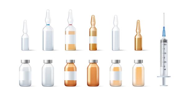 医薬品やワクチンパッケージ用ガラス製のテンプレートバイアルとアンプルのセットは隔離されています - ベクター画像