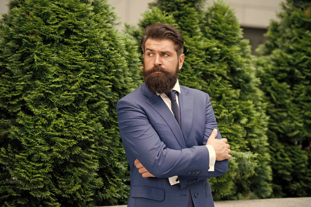 Alone with my thoughts. Time for thought. Business man bearded wear fashionable suit. Successful entrepreneur. Business life. Man businessman classic style. Businessman well groomed. Business center - Fotoğraf, Görsel