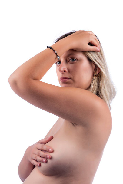 woman Breast self care and examination for lumps or weird symptoms. - 写真・画像