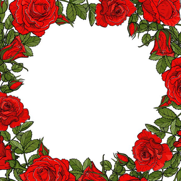 Isolated red roses flower wreath square border card for your design. Hand drawn botanical vector illustration on white background. - Vektör, Görsel