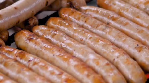 Chef grillt frische Fleischwürste auf Hängegrill - Zeitlupe - Filmmaterial, Video