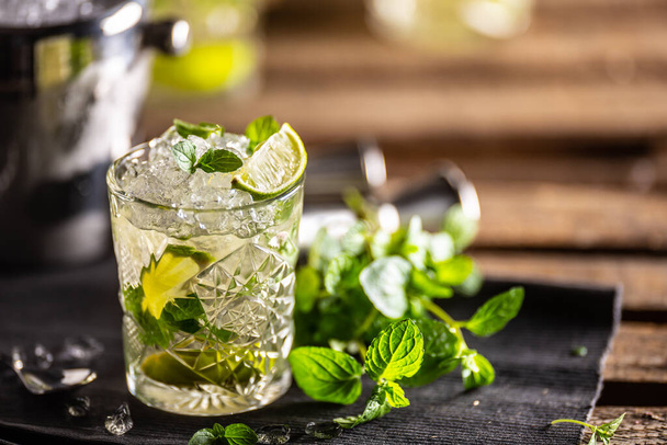 Mojito or virgin mojito long rum drink with fresh mint, lime juice, cane sugar and soda. - Foto, Imagen